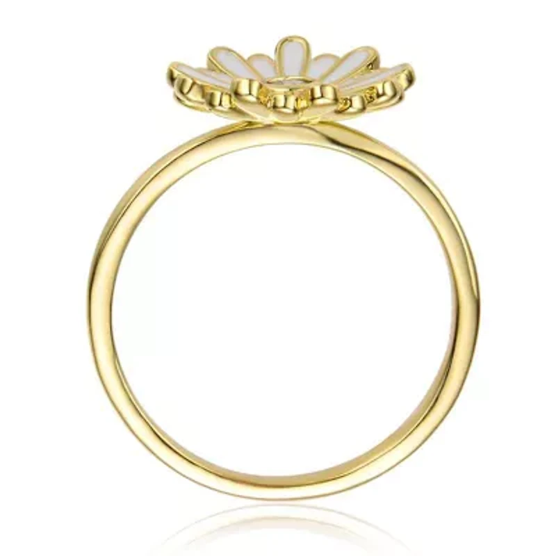 Lab Created 14K Gold Plated with Clear Cubic Zirconia & White Enamel Daisy Flower Ring for Teens