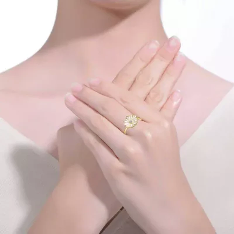 Lab Created 14K Gold Plated with Clear Cubic Zirconia & White Enamel Daisy Flower Ring for Teens