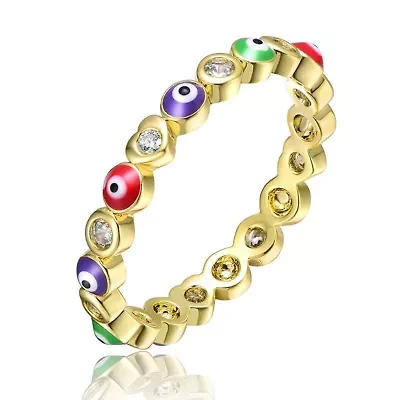 Lab Created 14K Gold Plated with Clear Cubic Zirconia Colorful Enamel Evil Eye Stacking Ring for Kids/Teens