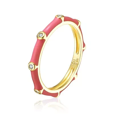 Lab Created 14K Gold Plated with Clear Cubic Zirconia & Colored Enamel Bamboo Stacking Ring for Kids/Teens