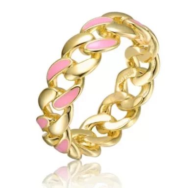 Lab Created 14K Gold Plated with Pink Enamel Inlay Chunky Stiff Chain Ring for Teens