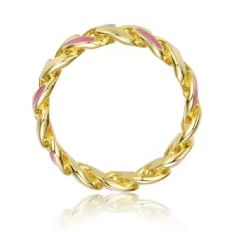 Lab Created 14K Gold Plated with Pink Enamel Inlay Chunky Stiff Chain Ring for Teens