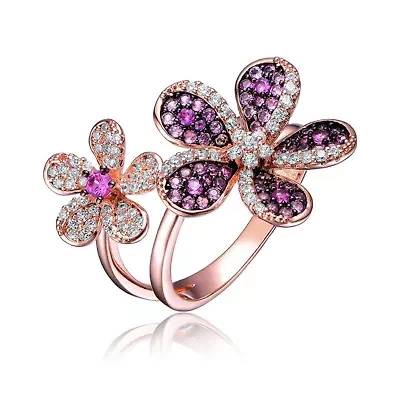 Lab Created 18K Rose Gold and Black Plated with Multi Colored Cubic Zirconia Floral Ring