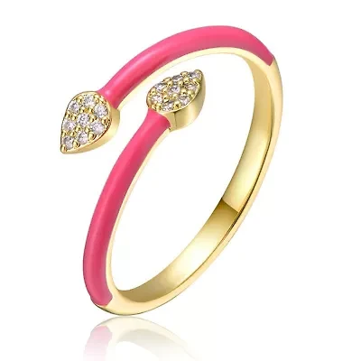 Lab Created 14K Gold Plated with Clear Cubic Zirconia Bypass Magenta Pink Enamel Stacking Ring for Kids/Teens