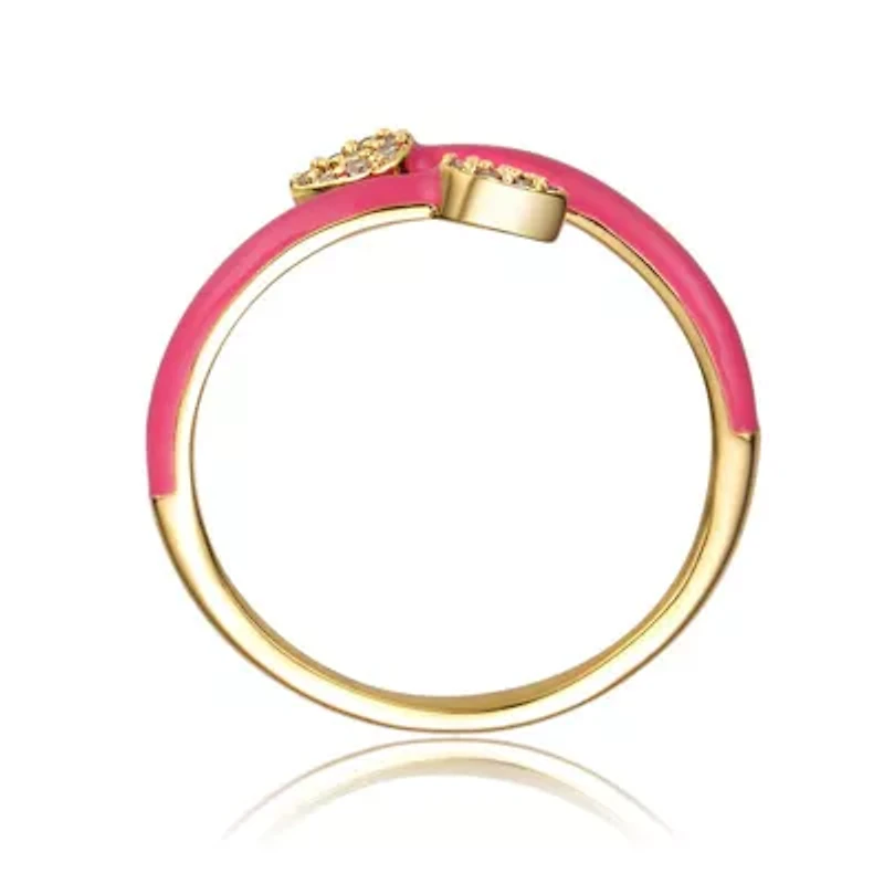 Lab Created 14K Gold Plated with Clear Cubic Zirconia Bypass Magenta Pink Enamel Stacking Ring for Kids/Teens