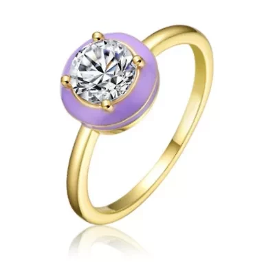 Lab Created 14K Gold Plated with Cubic Zirconia & Purple Enamel Bezel Stacking Ring for Teens