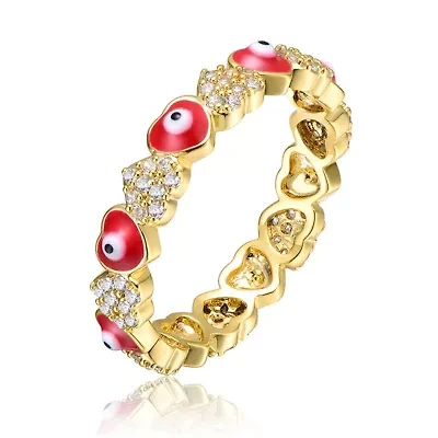 Lab Created 14K Gold Plated with Clear Cubic Zirconia & Colorful Enamel Hearts Stacking Ring for Kids/Teens