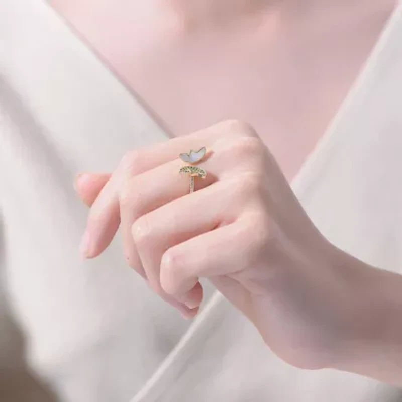 Lab Created 14K Gold Plated with Green Cubic Zirconia Changeable Butterfly Ring for Teens