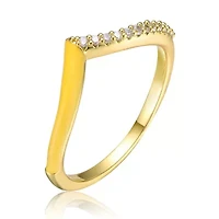 Lab Created 14K Gold Plated with Clear Cubic Zirconia & Yellow Enamel 'V' shaped stackable ring for Kids/Teens