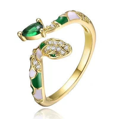 Lab Created 14K Gold Plated with Emerald Green Cubic Zirconia Coiled Snake Serpent Open Bypass Cuff Ring