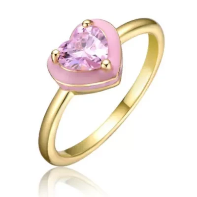 Lab Created 14K Gold Plated with Pink Cubic Zirconia Enamel Halo Heart Stacking Ring for Kids/Teens