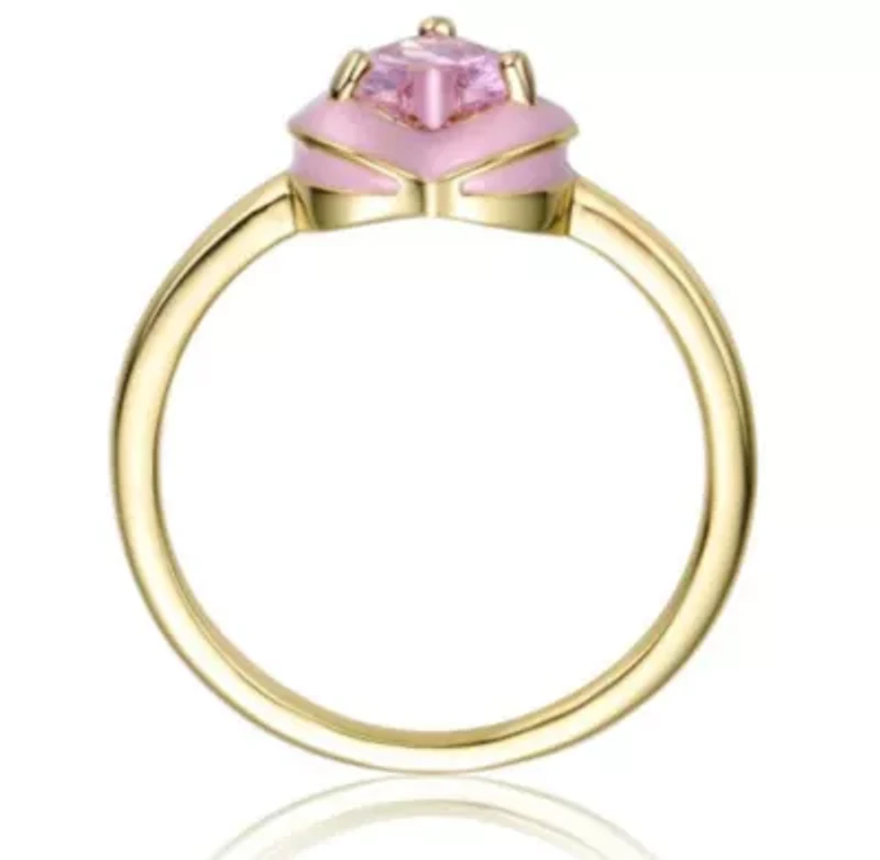 Lab Created 14K Gold Plated with Pink Cubic Zirconia Enamel Halo Heart Stacking Ring for Kids/Teens