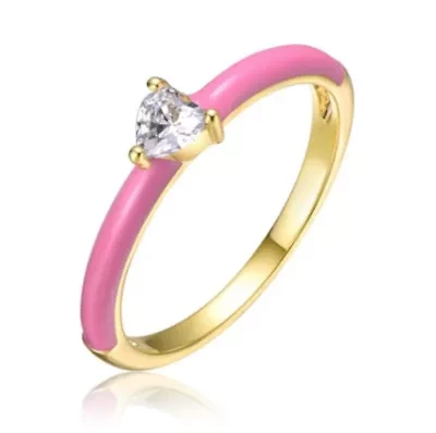 Lab Created 14K Gold Plated with Clear Heart Cubic Zirconia & Colored Enamel Solitaire Ring for Teens