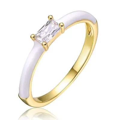 Lab Created 14K Gold Plated with Clear Baguette Cubic Zirconia & White Enamel Slim Stacking Ring for Teens