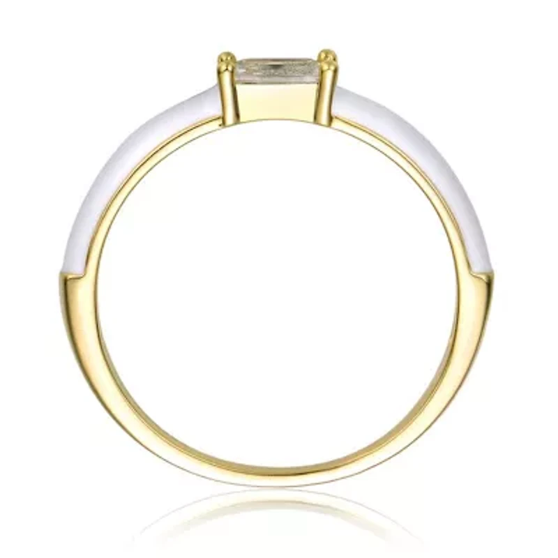 Lab Created 14K Gold Plated with Clear Baguette Cubic Zirconia & White Enamel Slim Stacking Ring for Teens