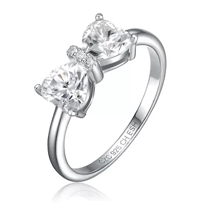 Sterling Silver with 1.60ctw Lab Created Moissanite Bow-Tie Heart Promise Adjustable Ring
