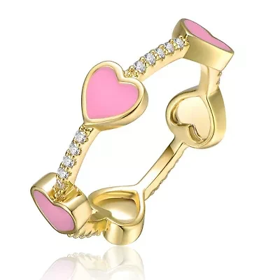 Lab Created 14K Gold Plated with Clear Cubic Zirconia & Colored Enamel Heart Stacking Ring for Kids/Teens