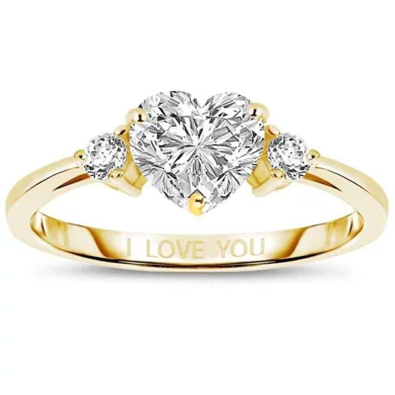 Lab Created Sterling Silver with 14K Gold Plated Heart and Round Clear Moissanite Three-Stone "I Love You" Ring