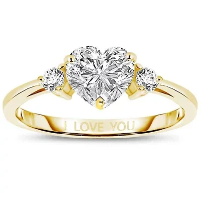 Lab Created Sterling Silver with 14K Gold Plated Heart and Round Clear Moissanite Three-Stone "I Love You" Ring