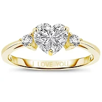 Lab Created Sterling Silver with 14K Gold Plated Heart and Round Clear Moissanite Three-Stone "I Love You" Ring