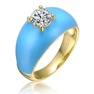 Lab Created 14K Gold Plated with Clear Cubic Zirconia Blue Enamel Dome Ring for Teens