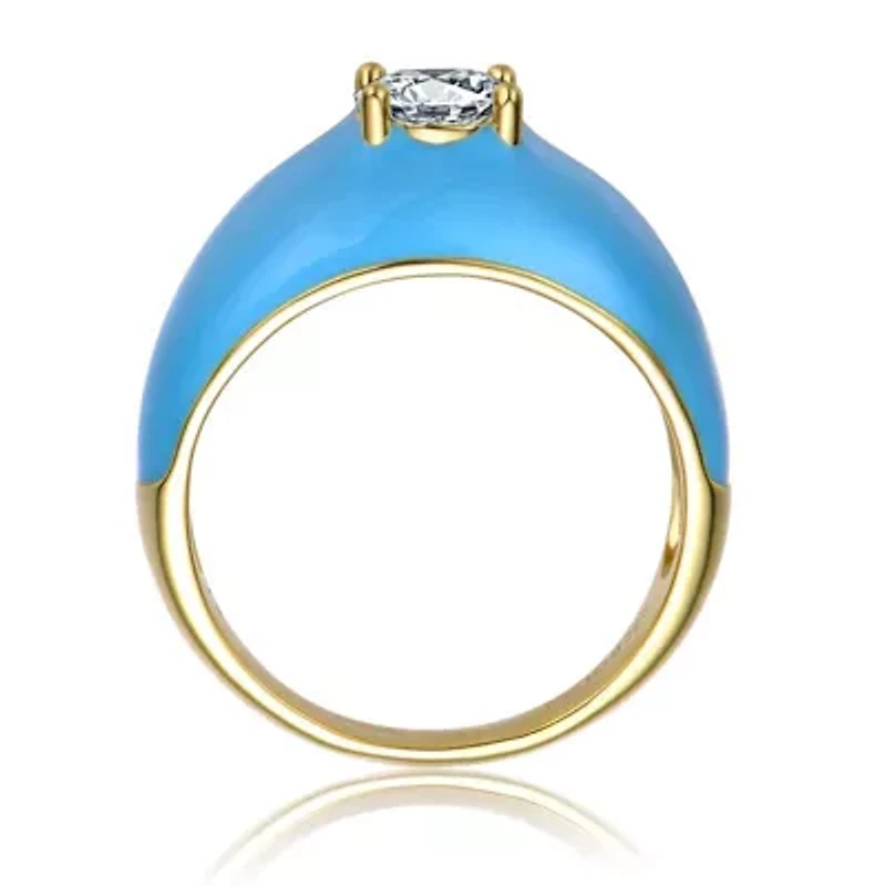 Lab Created 14K Gold Plated with Clear Cubic Zirconia Blue Enamel Dome Ring for Teens