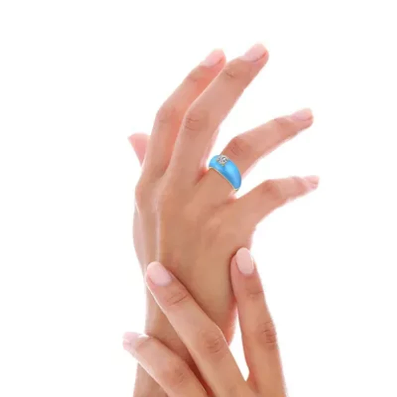 Lab Created 14K Gold Plated with Clear Cubic Zirconia Blue Enamel Dome Ring for Teens