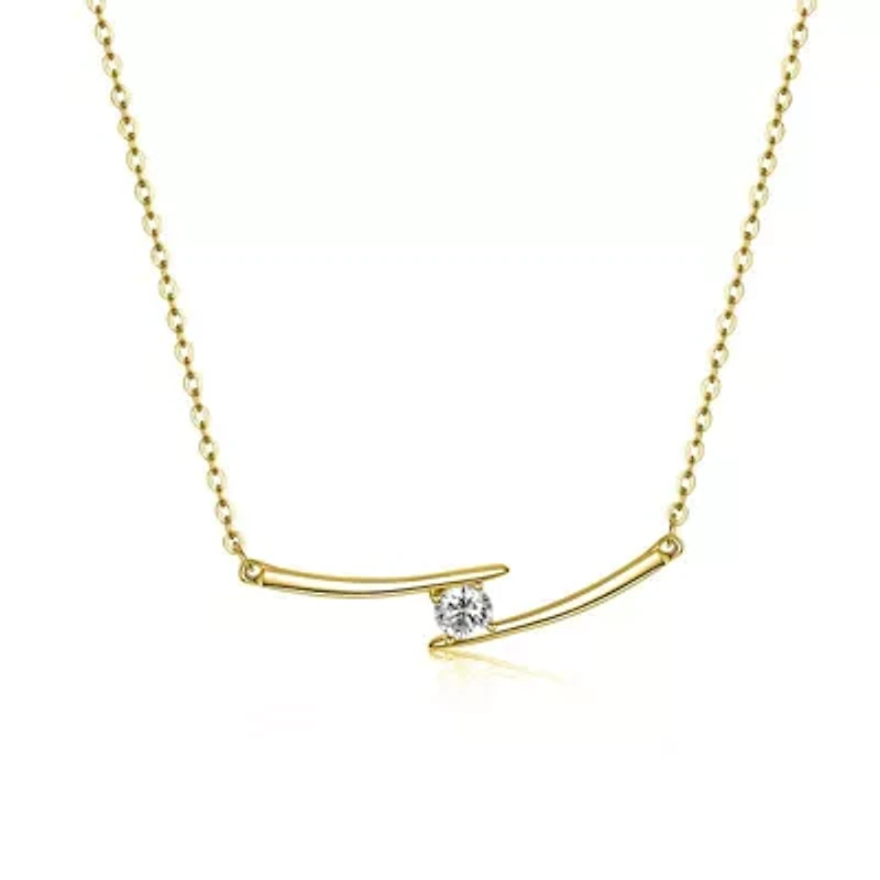 Lab Created Sterling Silver with Clear Cubic Zirconia Solitaire Double Bar Pendant Necklace