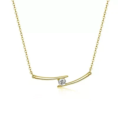 Lab Created Sterling Silver with Clear Cubic Zirconia Solitaire Double Bar Pendant Necklace