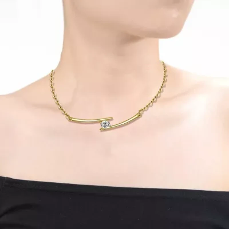 Lab Created Sterling Silver with Clear Cubic Zirconia Solitaire Double Bar Pendant Necklace