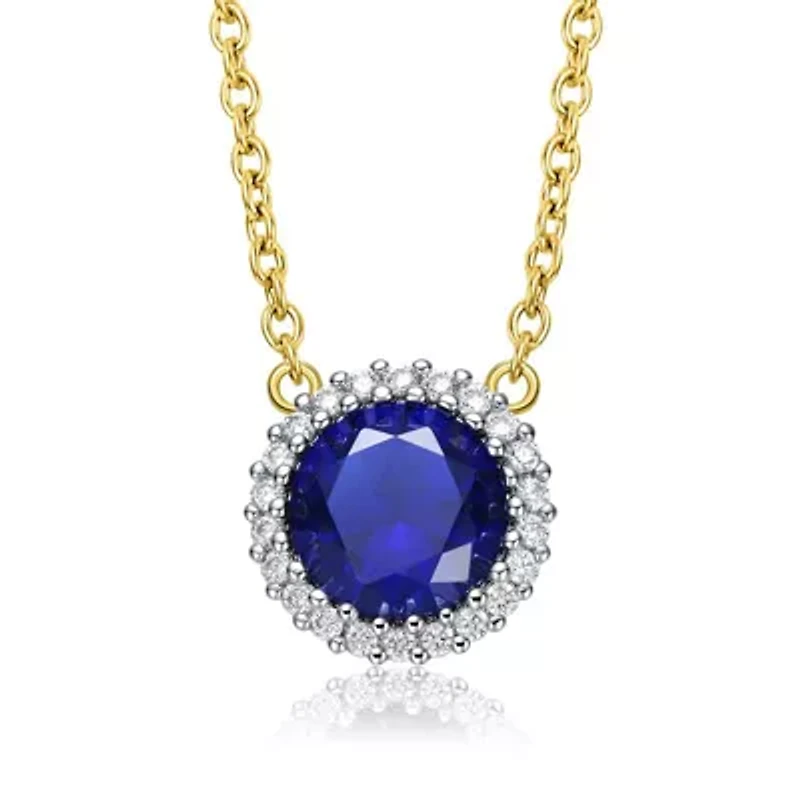 Lab Created Sterling Silver Two-Tone with Colored Cubic Zirconia Round Necklace Gold Link Chain