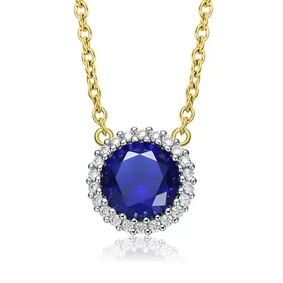 Lab Created Sterling Silver Two-Tone with Colored Cubic Zirconia Round Necklace Gold Link Chain