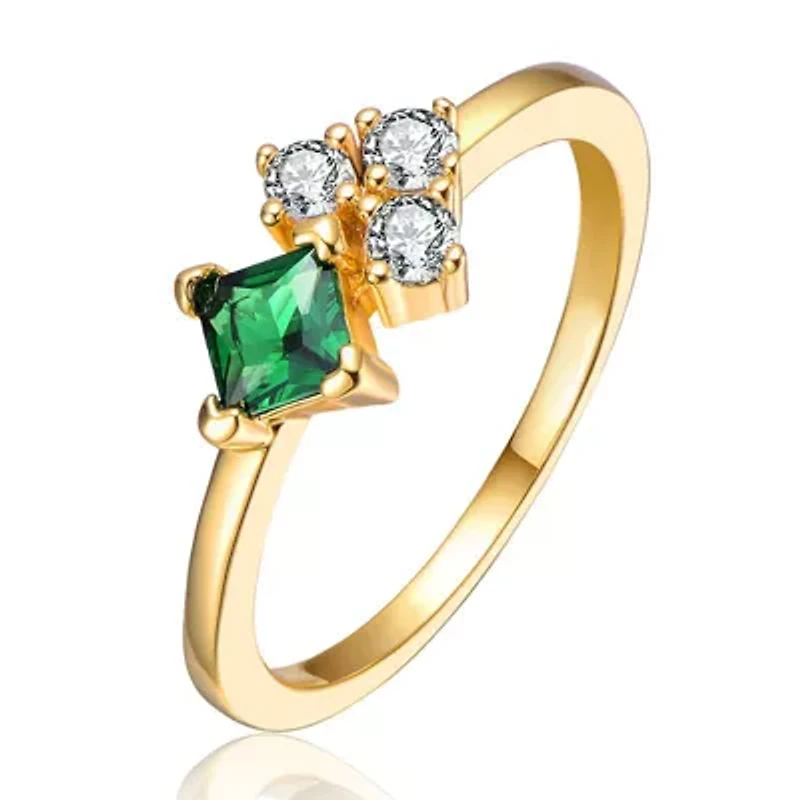 Sterling Silver 14K Gold Plated with 0.11ct Green & Clear Lab Created Moissanite Toi Et Moi Cluster Ring
