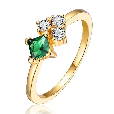 Sterling Silver 14K Gold Plated with 0.11ct Green & Clear Lab Created Moissanite Toi Et Moi Cluster Ring