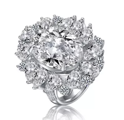 Lab Created White Gold Plated with Clear Cubic Zirconia Oval Cocktail Snowflake Cluster Ring
