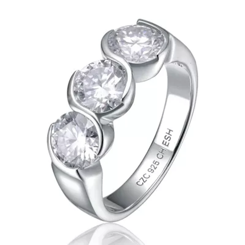Sterling Silver White Gold Plated with Clear 1ctw Lab Created Moissanite 3-Stone Anniversary Ring