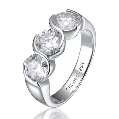 Sterling Silver White Gold Plated with Clear 1ctw Lab Created Moissanite 3-Stone Anniversary Ring