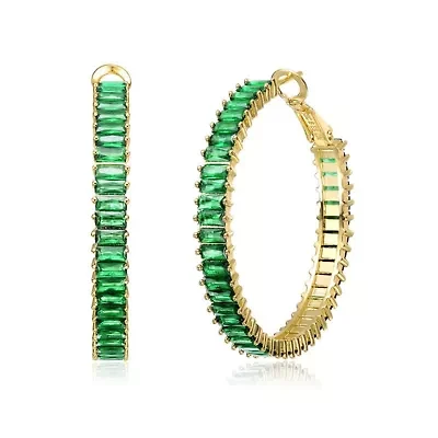 Lab Created Colored Emerald-Cut Cubic Zirconia with Snap Hinge Back Hoop Earrings