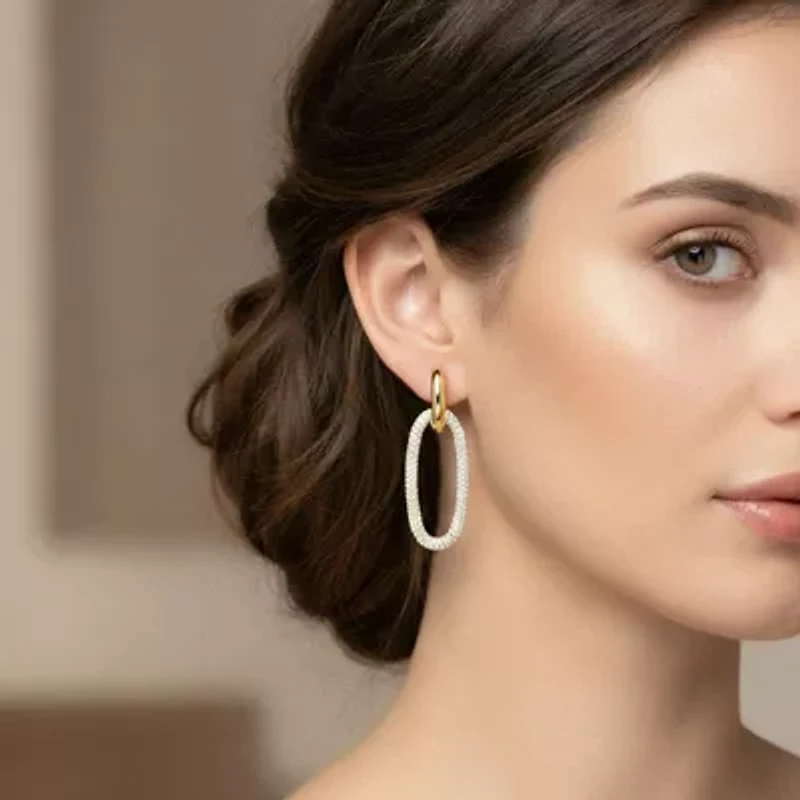 Lab Created Clear Paved Cubic Zirconia Oval Encrusted Hoop Earrings