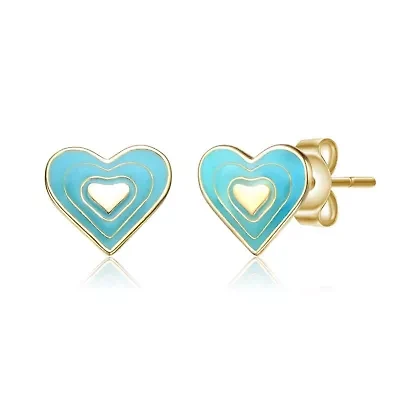 Sterling Silver 14K Gold Plated with Colored Enamel Heart Stud Earrings for Kids