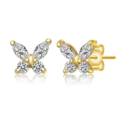 Lab Created Sterling Silver 14K Gold Plated with Colored Marquise Cubic Zirconia Flower Butterfly Stud Earrings for Kids