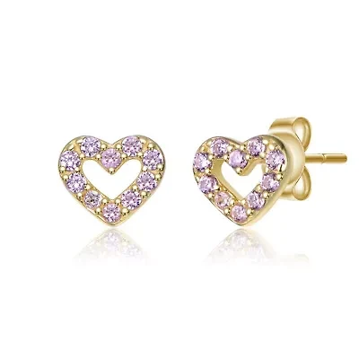 Lab Created Sterling Silver 14K Gold Plated with Colored Cubic Zirconia Pave Heart Stud Earrings for Kids