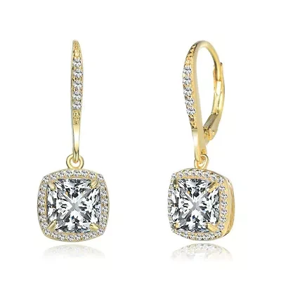 Lab Created Sterling Silver with Clear Round and Radiant Cubic Zirconia Drop Earrings