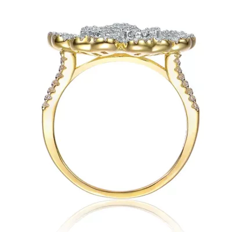 Lab Created Rozzato Sterling Silver 14K Gold Plated with Cubic Zirconia Cluster Heart Petal Flower Ring