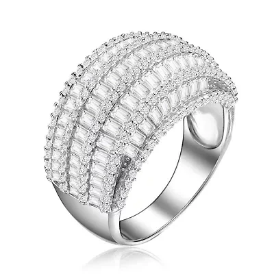 Lab Created Rozzato Sterling Silver White Gold Plated with Clear Round Cubic Zirconia Cluster Cocktail Ring