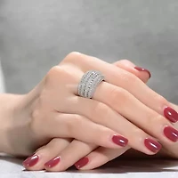 Lab Created Rozzato Sterling Silver White Gold Plated with Clear Round Cubic Zirconia Cluster Cocktail Ring
