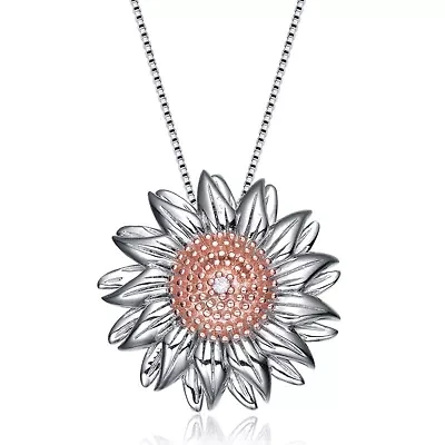 Lab Created Rozzato Sterling Silver Two Tone with Clear Cubic Zirconia Flower Shaped Pendant Necklace