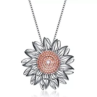 Lab Created Rozzato Sterling Silver Two Tone with Clear Cubic Zirconia Flower Shaped Pendant Necklace