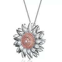 Lab Created Rozzato Sterling Silver Two Tone with Clear Cubic Zirconia Flower Shaped Pendant Necklace