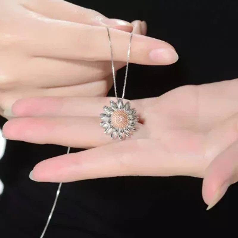 Lab Created Rozzato Sterling Silver Two Tone with Clear Cubic Zirconia Flower Shaped Pendant Necklace